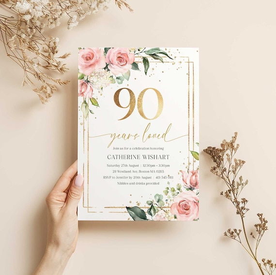 90 Years Loved Birthday Invitation, Printable 90th Birthday Party Invitation, Floral 90th Birthday Invitation, Editable Age
