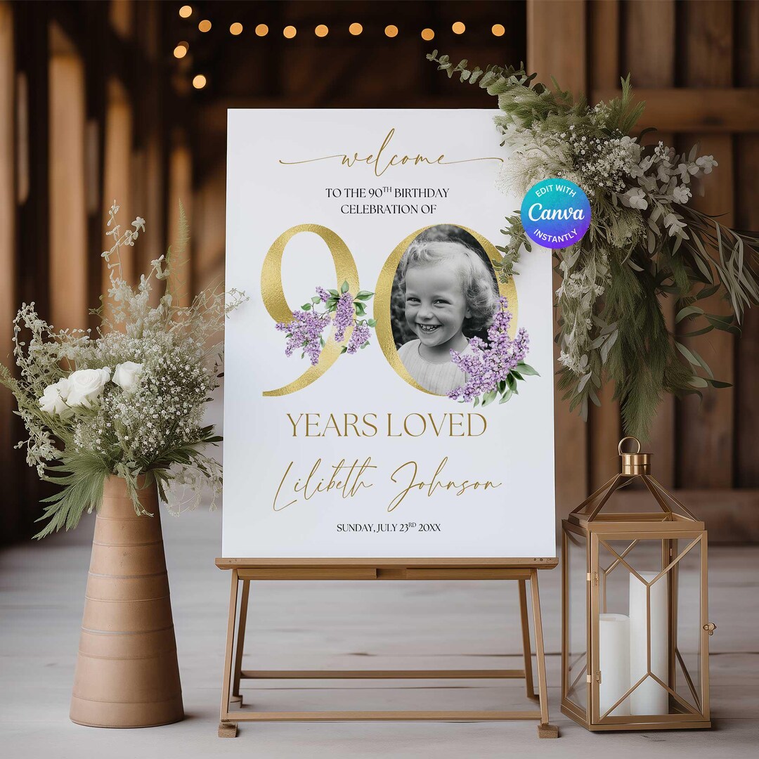 90th Birthday Welcome Sign With Photo Template, Lilac Floral, (canva ...