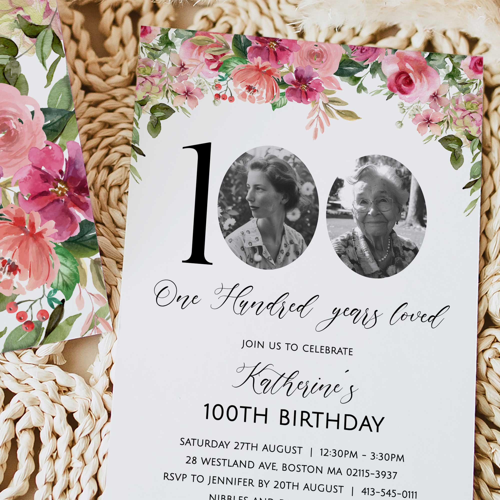 100th-birthday-invitation-100-years-loved-party-invite-editable-floral-design-with-photo-printable-milestone-celebration-etsy