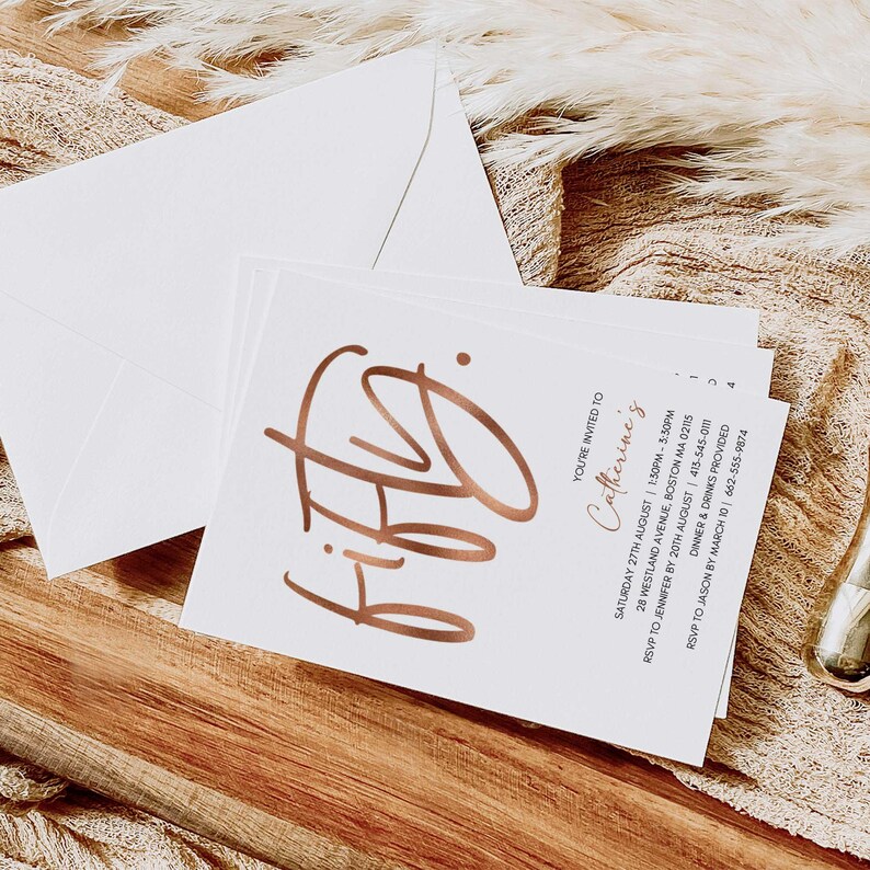 Rose Gold Handwritten 50th Birthday Invitation (Canva Editable, Digital Download, Printable) image 6