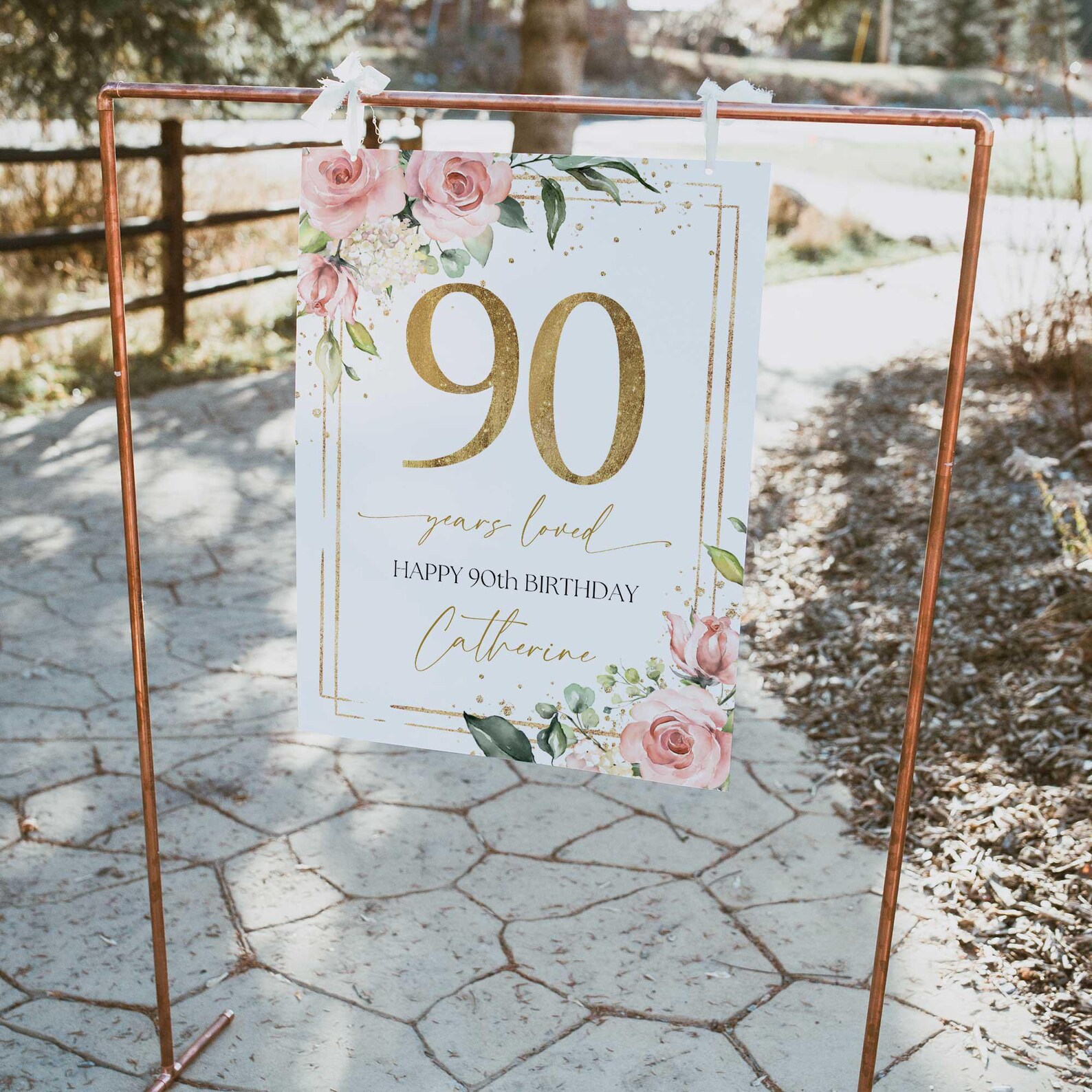 90th Birthday Welcome Sign, Pink and Gold Floral 90 Years Loved ...