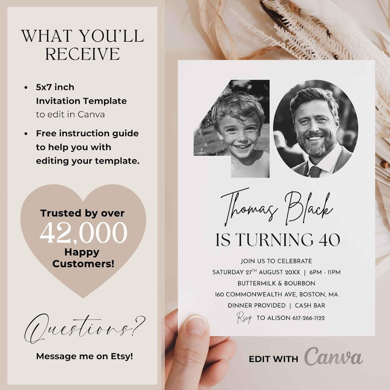 40th Invitation with photo, Look Who's 40, Canva 40th Birthday Invitation Template, Simple 40th Editable Invitation image 3