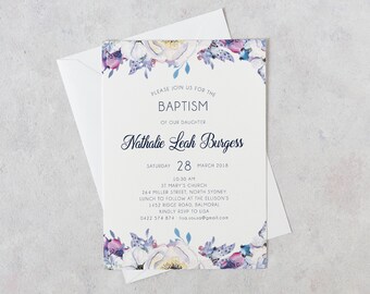 Baptism Invitation Girl, Floral Baptism Invitation, Baptism Invites, Lilac Invitations, Christening Invitations, Printable