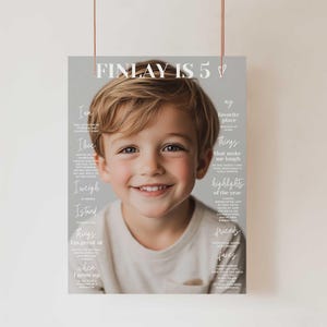 K&ouml;nnte beinhalten: Ein Poster mit dem Text "FINLAY IS 5" oben, das ein l&auml;chelndes junges Kind zeigt. Das Poster enth&auml;lt Abschnitte mit Text wie "Ich bin", "Ich liebe", "Ich wiege", "Ich stehe", "Dinge, in denen ich gut bin" und "Wenn ich gro&szlig; bin".