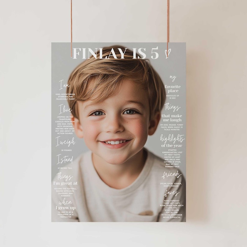 K&ouml;nnte beinhalten: Ein Poster mit dem Text "FINLAY IS 5" oben, das ein l&auml;chelndes junges Kind zeigt. Das Poster enth&auml;lt Abschnitte mit Text wie "Ich bin", "Ich liebe", "Ich wiege", "Ich stehe", "Dinge, in denen ich gut bin" und "Wenn ich gro&szlig; bin".