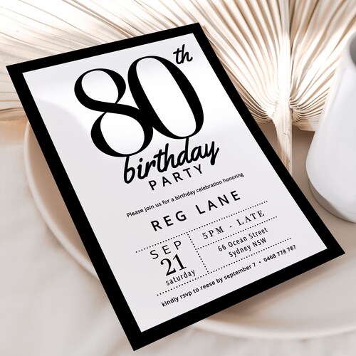 EDITABLE Black and White 80th Birthday Invitation 80th Etsy