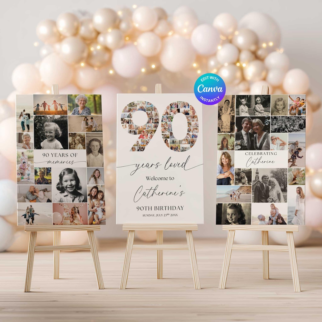 90th Birthday Photo Collage Poster Canva, Editable Template 90th ...