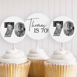 70th photo cupcake toppers, Look Who's 70 cupcake topper, 70th Birthday cake topper, 70th round tags, Male 70th Invites, Editable, Printable