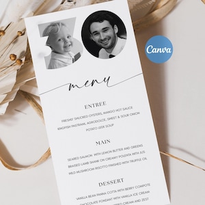 Edytowalny szablon menu na 30. urodziny, menu urodzinowe DL, proste, czarno-białe, spersonalizowane menu, projekt spersonalizowanego zdjęcia