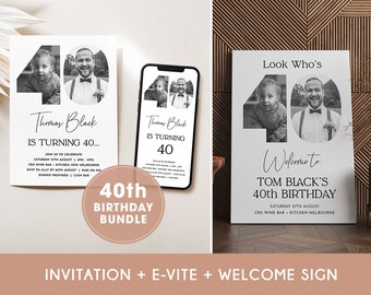 40th Invitation with photo BUNDLE, Look Who's 40, 40th Birthday Invitation Template, Editable 40th Welcome Sign, Male 40th Invite, Printable