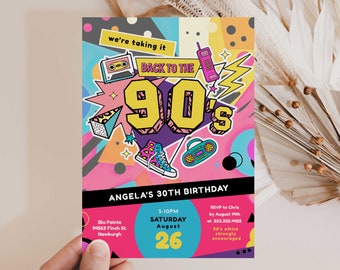 Invito di compleanno anni '90, Invito festa a tema anni '90, Festa del 30° anni '90, Festa di ritorno al passato, Ritorno agli anni '90, Inviti modificabili degli anni '90