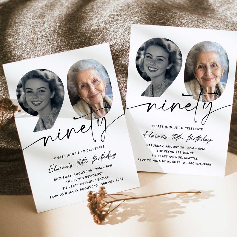 May include: A white invitation card with black text and two photos of a woman at different ages. The text reads "Please join us to celebrate Elaine's 90th Birthday. Saturday, August 28, 2PM-6PM. The Flynn Residence, 717 Pratt Avenue, Seattle. RSVP to Nina by August 10, 360-971-9988."