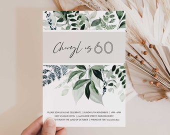 Pretty 60th Birthday Invitation, Greenery 60th Instant Download, 60th Birthday Invitations, Simple 60th Invites, 60th Invitations for Women
