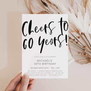 Cheers to 60 Years Invitation, Black And White Birthday Invitations, 60th Invitations Editable Template, Minimal 60th Invitations, Simple