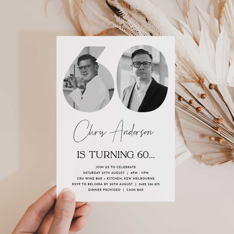 May include: A black and white invitation card with a photo of a man in a suit and a man in a lab coat. The card says "Chris Anderson is turning 60..." and includes details about the event, including the date, time, location, and RSVP information.