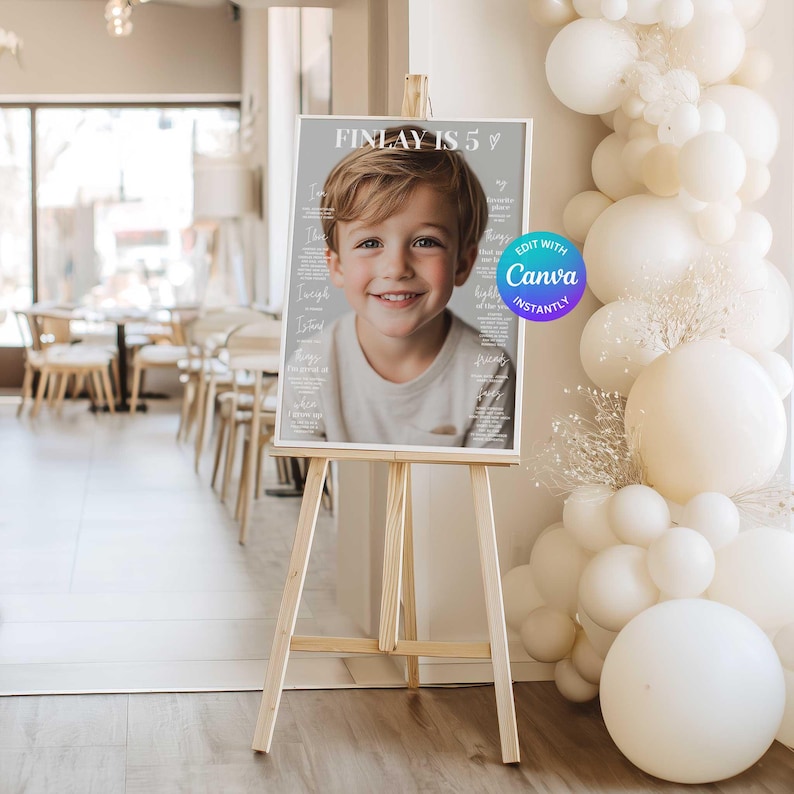 K&ouml;nnte beinhalten: Ein gerahmtes Poster auf einer Holzstaffelei mit einem l&auml;chelnden Kind. Das Poster hat den Text "FINLAY IS 5" und weiteren wei&szlig;en Text auf grauem Hintergrund. Rechts befindet sich eine Ansammlung wei&szlig;er Ballons.