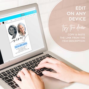 May include: Editable 90th birthday invitation template with a blue and white color scheme. The invitation features a photo placeholder and the text "ninety" in a handwritten font. The text "Please join us to celebrate Elaine's 90th Birthday" is also included.