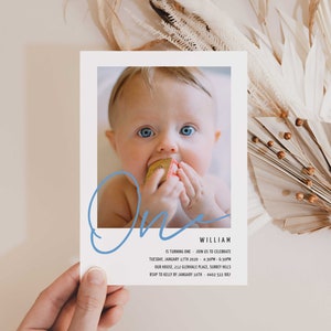 Boys 1st Birthday Invitation with photo, 1st birthday invitation photo, Boy first birthday invitation Blue, Minimal 1st Invite, Templett