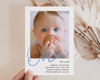 Boys 1st Birthday Invitation with photo, 1st birthday invitation photo, Boy first birthday invitation Blue, Minimal 1st Invite, Templett