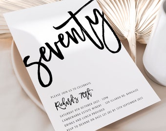70th Editable Invitation for Men, Simple 70th Invitations, Black and White 70th Invitation, Elegant 70th Invitation, Seventy, Templett