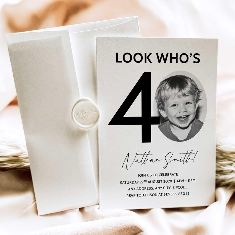 40th Invitation with photo, Look Who's 40, 40th Birthday Canva Template, Male 40th Invite, Digital Download image 2