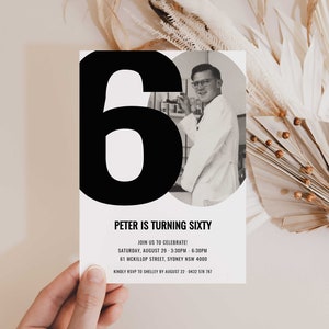 Modern 60th Invitation with photo, 60th photo invitation, 60th Birthday Editable Template, Funny 60th Invites, Male Female 60th DIY