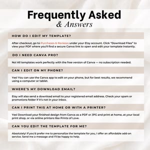 May include: An informational graphic titled Frequently Asked & Answers with black text on a white and beige striped background. It provides instructions for editing a Canva template, including download steps, device compatibility, and printing options.