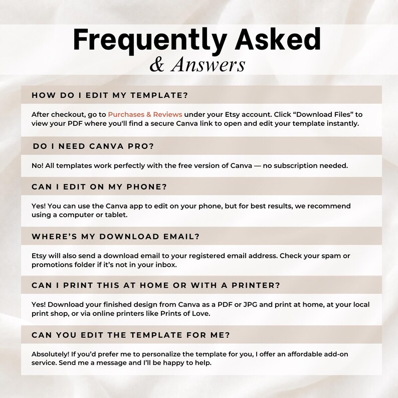May include: An informational graphic titled Frequently Asked & Answers with black text on a white and beige striped background. It provides instructions for editing a Canva template, including download steps, device compatibility, and printing options.