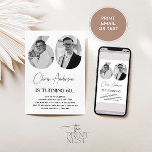 May include: Black and white birthday invitation with a photo of a man in a circle with the number 60. The text reads "Chris Anderson is turning 60..." with details about the party. The invitation is designed with a minimalist aesthetic.