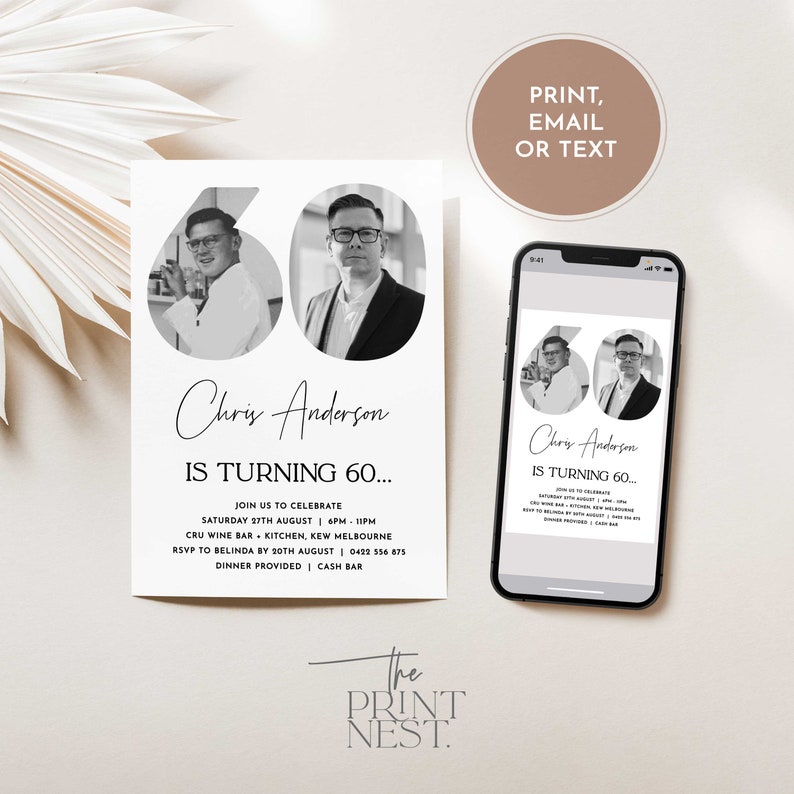 May include: Black and white birthday invitation with a photo of a man in a circle with the number 60. The text reads "Chris Anderson is turning 60..." with details about the party. The invitation is designed with a minimalist aesthetic.
