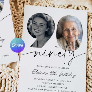 彼女の90歳の誕生日招待状、シンプルな写真招待状、90歳の誕生日のお祝い、90歳になった彼女へ！スタイリッシュにお祝い