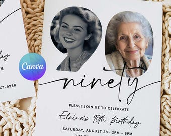 Invitación de 90 cumpleaños para ella, invitación sencilla con foto, celebración de noventa años, ¡mira quién cumple 90! Celebra con estilo.