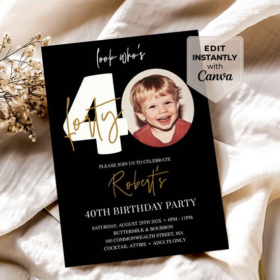 40th Birthday Invites Male, 40th Invitation with photo, Black Gold 40th Birthday Invitation Template, Editable Birthday Party Invite for Him