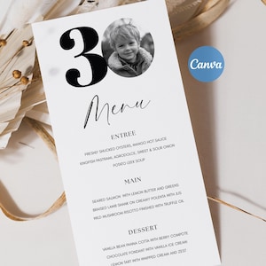 30th Birthday Dinner Menu Template, 30th Menu Cards, Custom Menu Template Birthday, Birthday Dinner Menu Editable Template