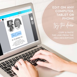 May include: A laptop computer with a screen displaying a 50th birthday party invitation. The invitation is for "Ther Canmor" and features a blue and white color scheme. The text on the screen reads "Ther Canmor is turning 50... Join us to celebrate Saturday 12th August | 7pm CRC Wine Bar | Kitchen Kew Melbourne RSVP by 5th August | Dress code:  Dinner provided | Cash bar"