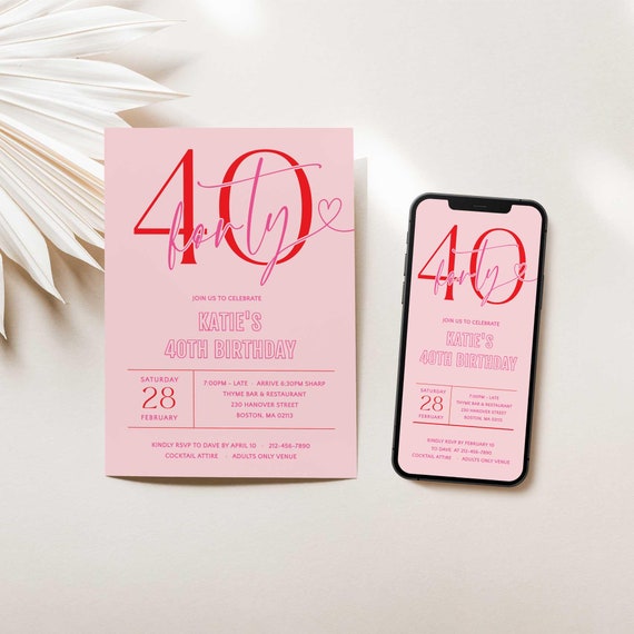 40th Birthday Party Invitation For Women Digital, 40th Birthday Invite Pink, 40th Party Invite for Her, Forty Birthday  Invitation for Women