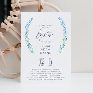 Baptism Invitation Template Boy, Blue and Green Wreath, Baptism Invitation Girl, Christening Invitation Template 100% Editable, Printable image 1