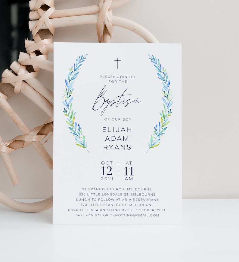 Baptism Invitation Template Boy, Blue and Green Wreath, Baptism Invitation Girl, Christening Invitation Template 100% Editable, Printable image 1