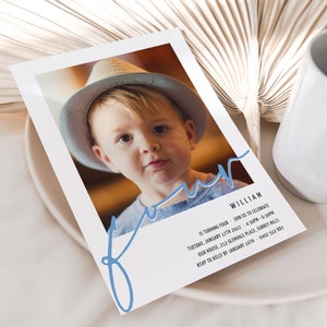 Jungen 4. Geburtstagseinladung mit Foto, Einfache 4. Geburtstagseinladung mit Foto, Jungen erste Geburtstagseinladung Blau, Minimal 4th Invites