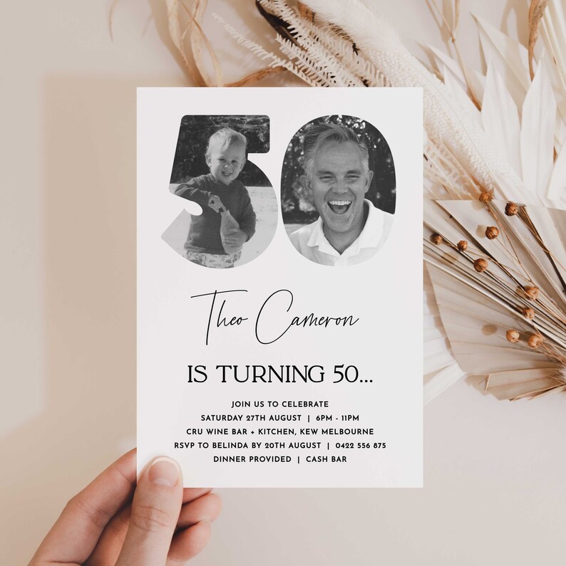 May include: Black and white photo birthday invitation for a 50th birthday party. The invitation features a photo of a man and a child in the number 50. The text reads "Theo Cameron is turning 50... Join us to celebrate Saturday 27th August | 6PM - 11PM CRU Wine Bar + Kitchen, Kew Melbourne RSVP to Belinda by 20th August | 0422 556 875 Dinner Provided | Cash Bar"
