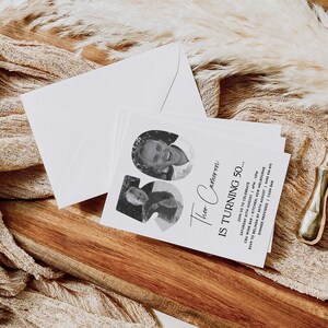 May include: A white card with black text and two black and white photos of a man. The text reads "Theo Cameron is turning 50... Join us to celebrate Saturday 27th August 6pm - 11pm CRU Wine Bar + Kitchen, Kew Melbourne Dinner provided | Cash Bar RSVP to Belinda by 30th August | 0455 356 875"