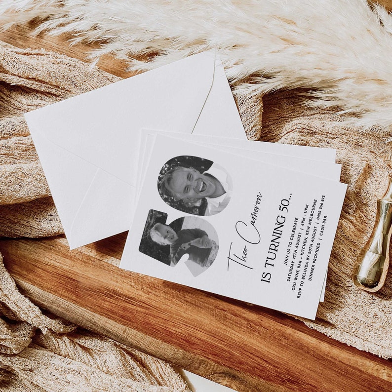May include: A white card with black text and two black and white photos of a man. The text reads "Theo Cameron is turning 50... Join us to celebrate Saturday 27th August 6pm - 11pm CRU Wine Bar + Kitchen, Kew Melbourne Dinner provided | Cash Bar RSVP to Belinda by 30th August | 0455 356 875"