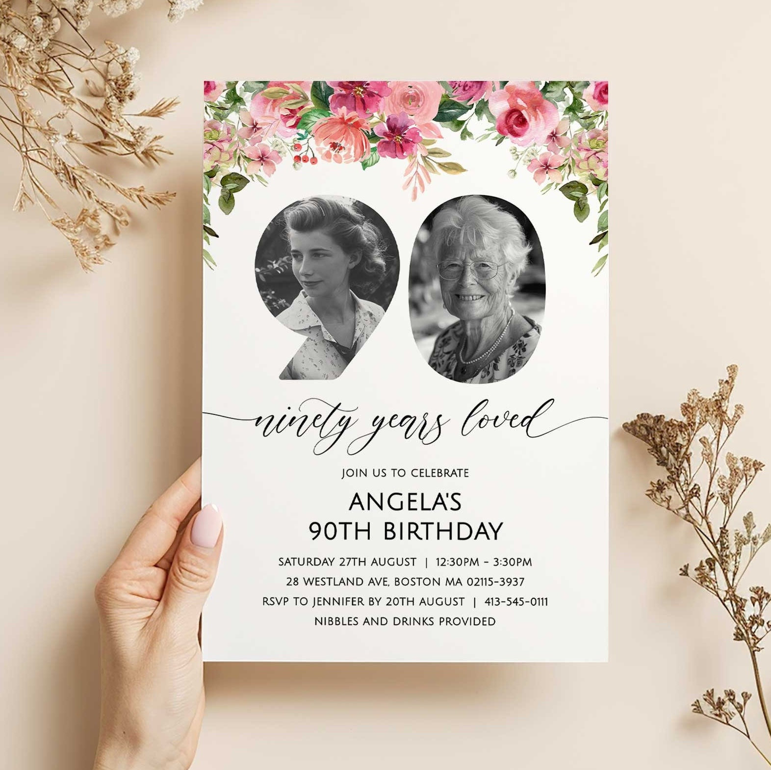 90-years-loved-birthday-invitation-90th-birthday-party-invite-with-photo-printable-floral-editable-age-etsy