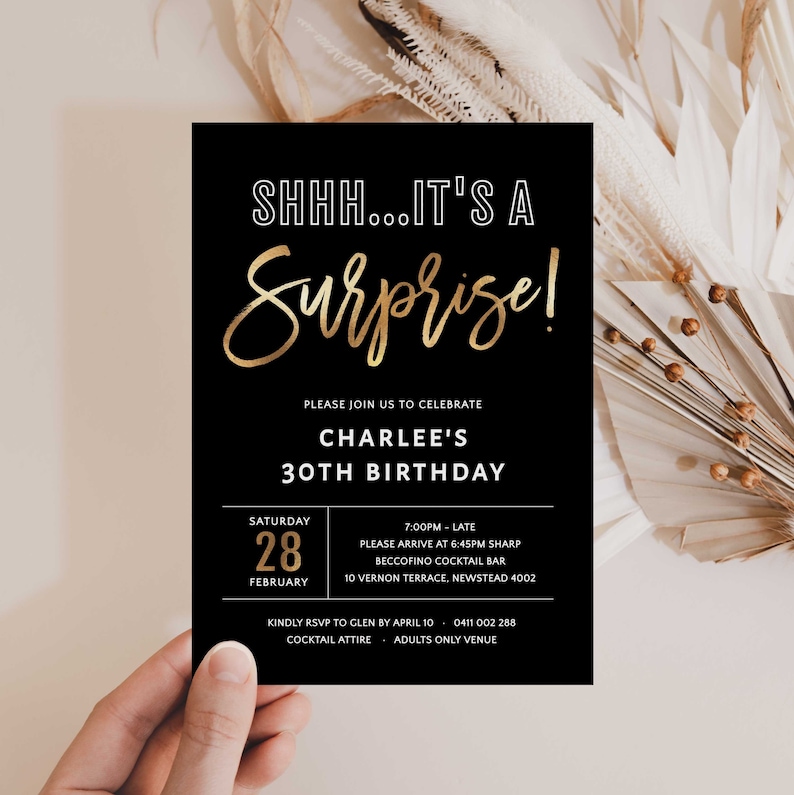 Surprise 30th Birthday Invitation Template Black and Gold Etsy