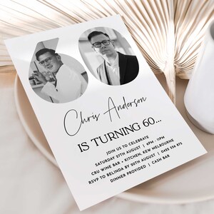 May include: A black and white invitation card with a photo of a man in a suit and tie. The card reads "Chris Anderson is turning 60..." and includes details about the event, including the date, time, location, and RSVP information.
