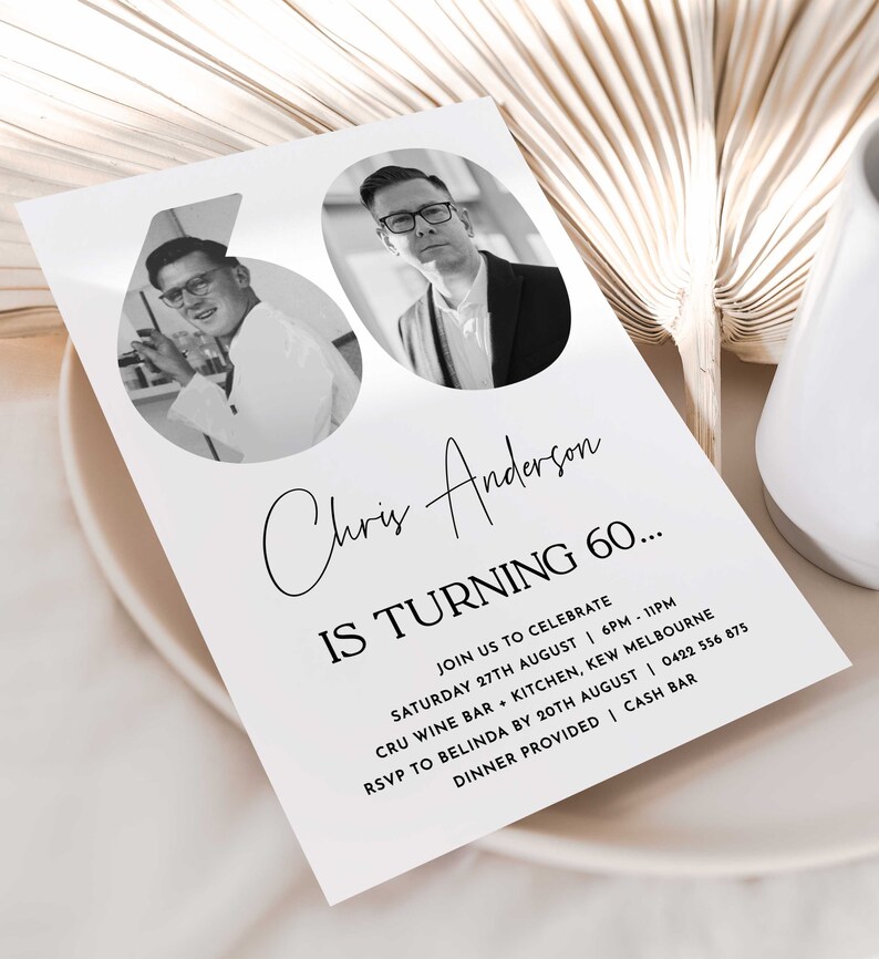 May include: A black and white invitation card with a photo of a man in a suit and tie. The card reads "Chris Anderson is turning 60..." and includes details about the event, including the date, time, location, and RSVP information.