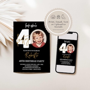 Invitation 40e anniversaire homme, 40e invitation avec photo, modèle d'invitation 40e anniversaire en or noir, invitation de fête d'anniversaire modifiable pour lui image 5