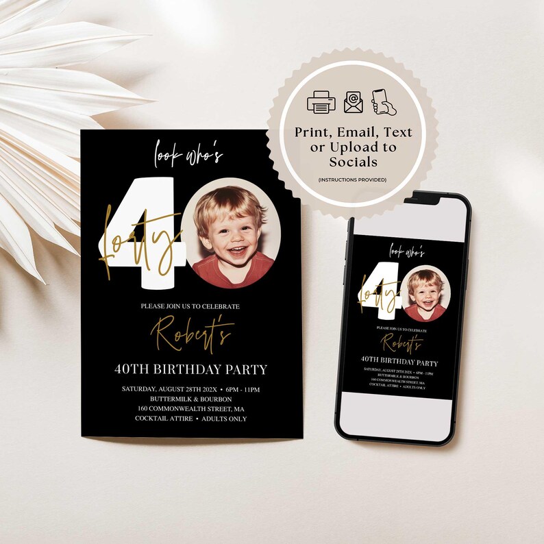 Invitation 40e anniversaire homme, 40e invitation avec photo, modèle d'invitation 40e anniversaire en or noir, invitation de fête d'anniversaire modifiable pour lui image 5