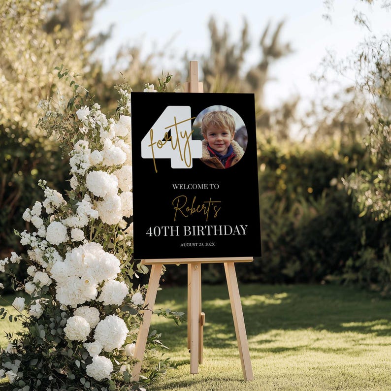 Välkomstskylt för 40-årsdag för män, skylt för 40-årsdag, välkomsttavla med foto, digital nedladdning av Canva, välkomstskylt med foto bild 6