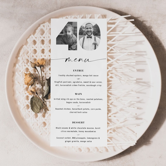 40th Birthday Menu Cards, 40th Menu DL, 40th Birthday Editable Menu Template, Simple Black and White Menu, Personalized Menu with Photo
